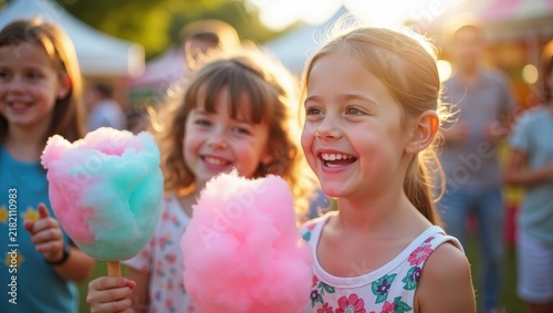 Happy children eating colorful cotton candy at summer carnival, smiling friends outdoors, fun fair lifestyle, sunny vacation mood