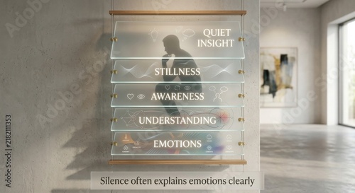 Silhouette of a Man in Contemplation Amidst Layered Glass Display of Mindfulness Concepts