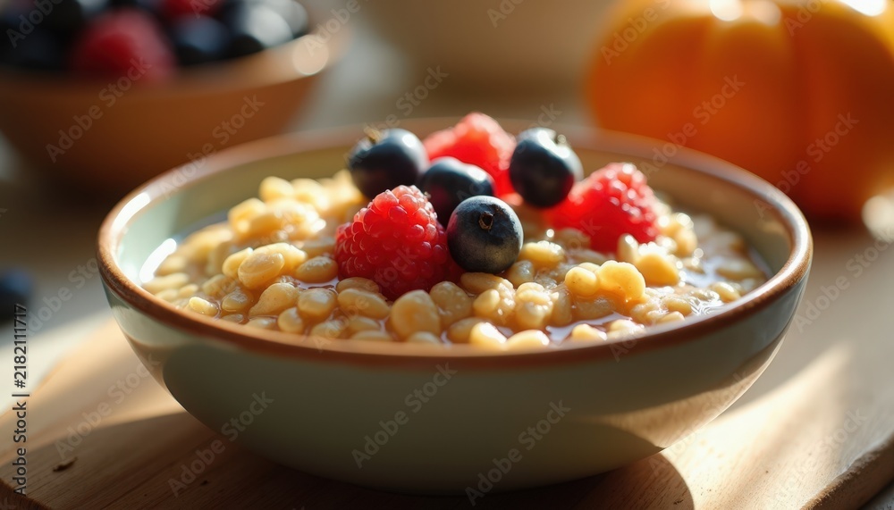 Obraz premium Breakfast bowl with creamy porridge, crunchy corn puffs and fresh blueberries and raspberries on wooden table, warm sunlight highlighting texture and steam rising,