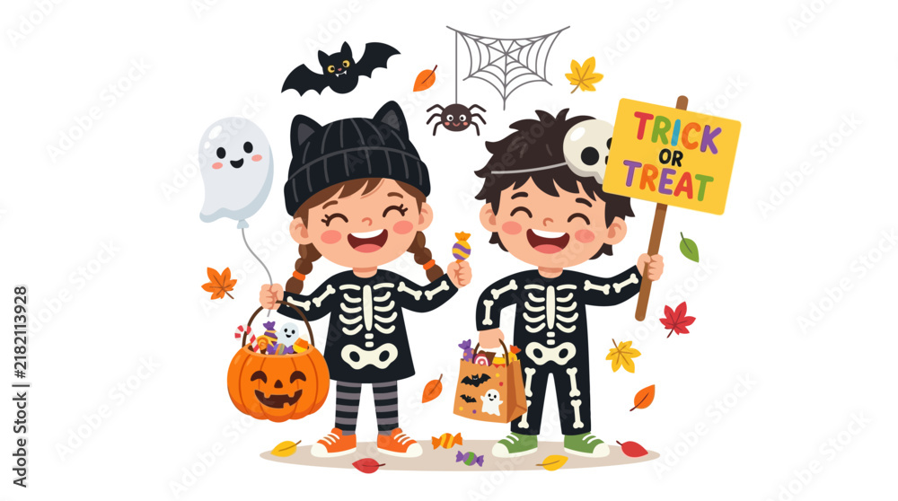Fototapeta premium Happy Kids in Skeleton Costumes for Halloween Trick-or-Treating