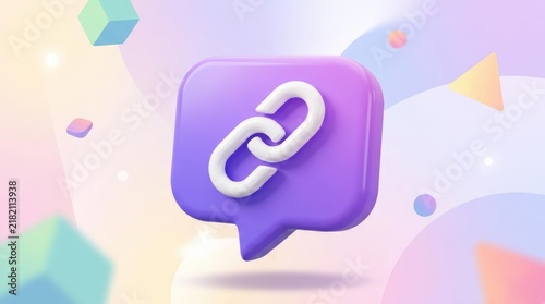 3D link icon in purple speech bubble on abstract background