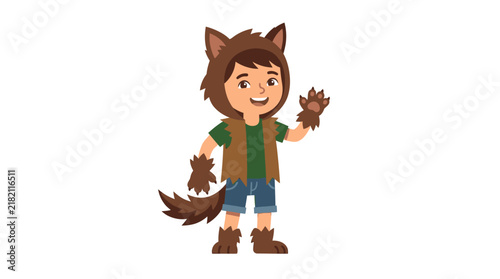 Bild auf Leinwand Youngster in Cute Wolf Costume Waving Hello