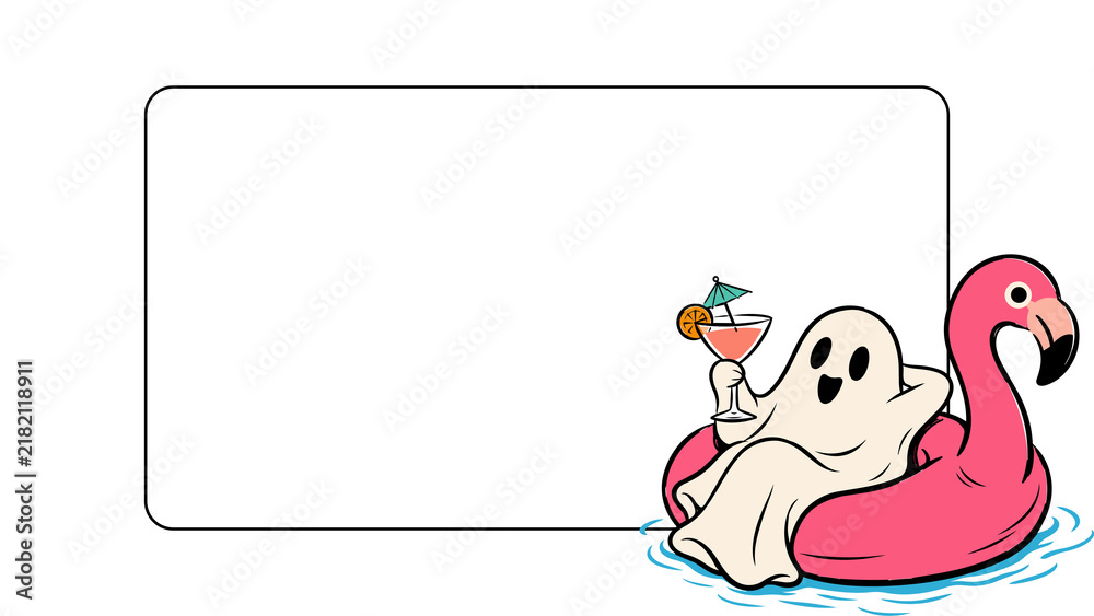 Fototapeta premium Cute ghost cartoon on pink flamingo floatie, summer halloween vacation illustration, spooky character with tropical cocktail and blank frame
