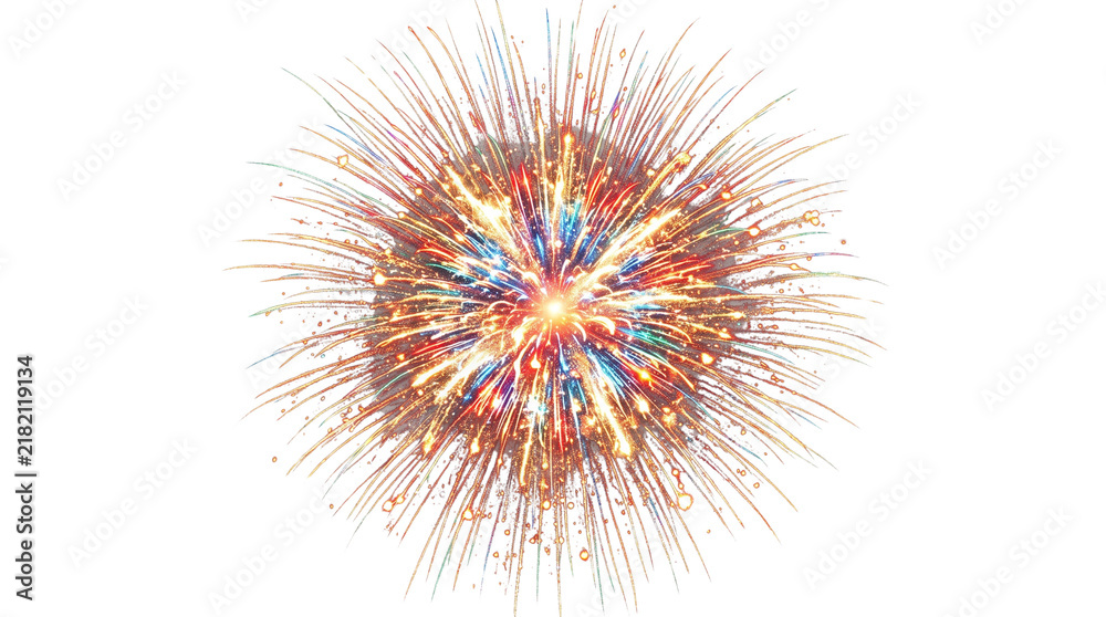 Fototapeta premium Vibrant multicolored firework explosion burst with golden sparks and colorful rays on a white background for festive celebrations and holidays