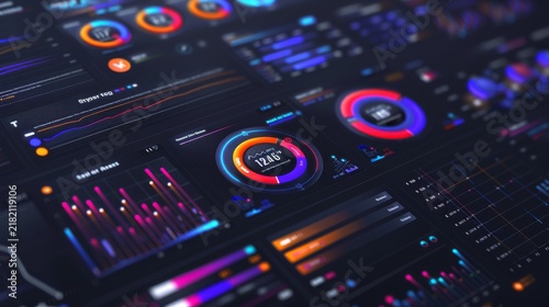 Futuristic digital dashboard displaying glowing charts, graphs, and data visualizations with vibrant neon colors
