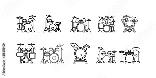 Collection of original minimalist drum set.Includes various drum kit designs, cymbals, bass drums, toms and modern musical instrument concepts isolated on a white background. Suitable for music.
