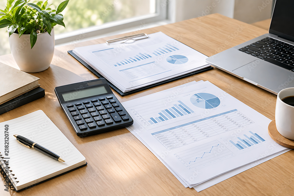 Fototapeta premium Business Finance Concept with Calculator and Organized Documents
