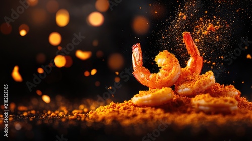 The image depicts a creative culinary presentation featuring shrimp resting on a bed of vibrant orange spice or powder