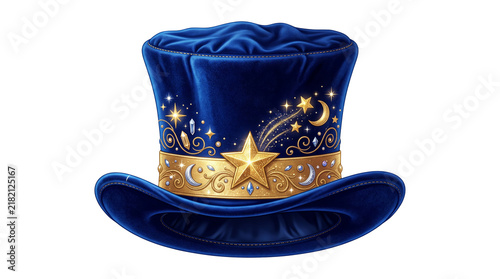 Magical blue velvet top hat, wizard headwear with gold stars and moon embroidery, whimsical circus magician hat isolated PNG with Transparent Background