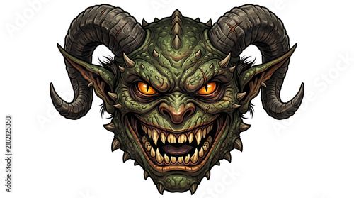 Fierce green goblin head with ram horns, demonic monster face with glowing orange eyes, fantasy creature mascot for gaming and horror isolated PNG with Transparent Background