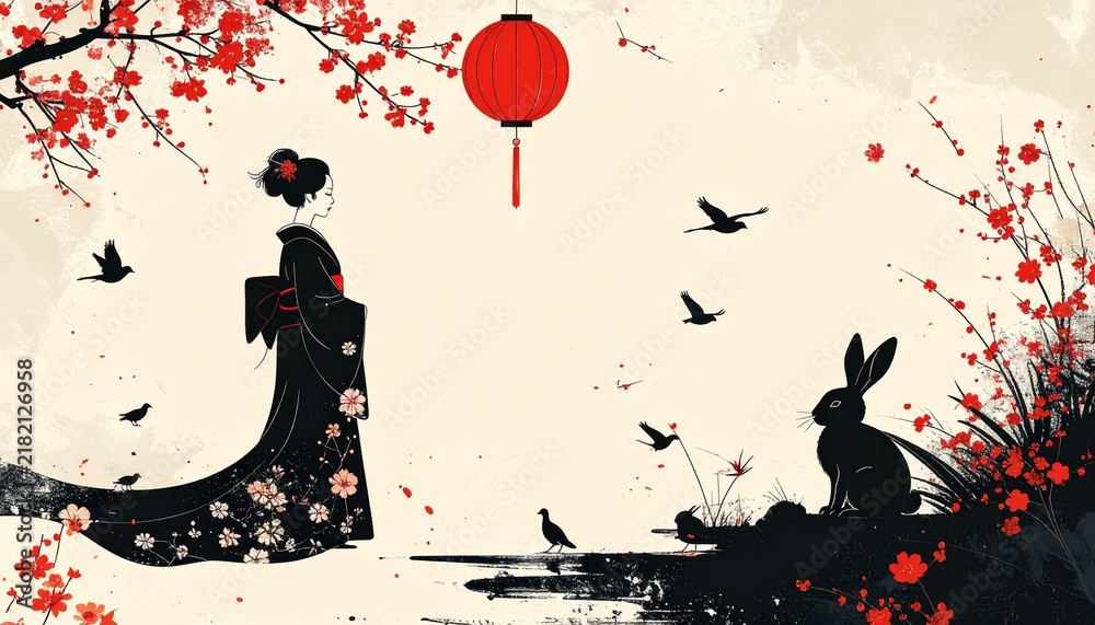 Fototapeta premium Sophisticated Japanese folklore illustration inspired by minimalist woodblock prints with a black kimono figure and red lantern