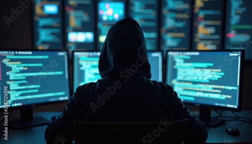 cyber security breach scene with hooded hacker seated before multiple glowing monitors, streaming code, terminal windows and blurred security dashboards,