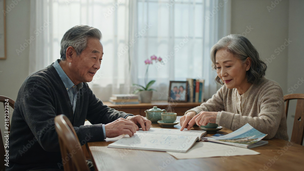 Fototapeta premium Senior Asian Couple Sharing Tea and Conversation at Home