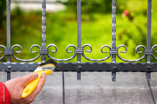 Hand Painting a Metal Fence with a Brush. Home Maintenance, Rust Protection, Renovation, and DIY Improvement Concept.
