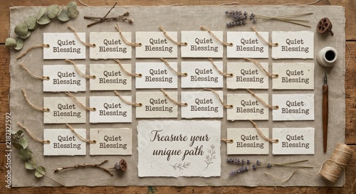 Rustic Wedding Seating Plan with 'Quiet Blessing' Tags and Inspirational Quote