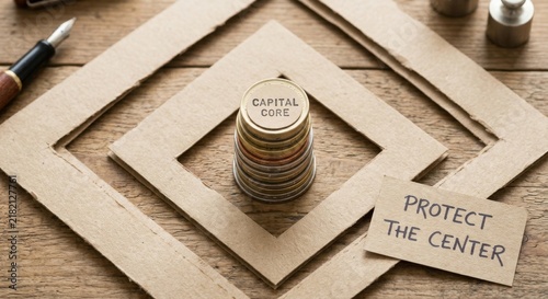 Stack of Capital Core Coins Centered Within Kraft Paper Frames on Wooden Table