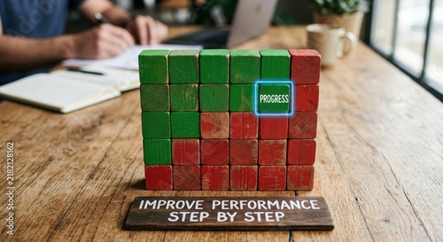 Wooden Blocks Forming Progress Bar with 'Progress' Word Highlighted