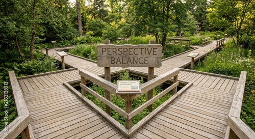 Wooden Pathway Junction With Perspective Balance Sign in Lush Green Nature Setting