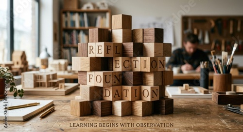 Wooden Cubes Stacked Forming Words REFLECTION FOUNDATION Learning Begins Observation