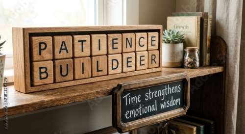 Wooden Blocks Spelling 'Patience' and 'Build' with Chalkboard Quote on Shelf