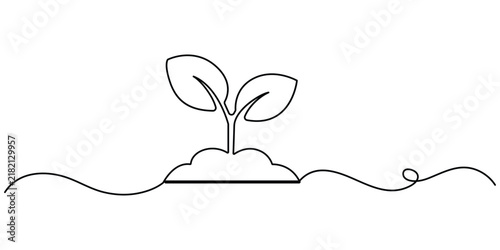 Eco friendly plant sprout growing on soil bed continuous line art for agriculture theme card