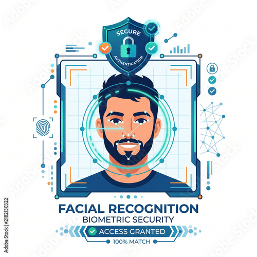 Facial recognition biometric security concept with man scan and secure access granted
