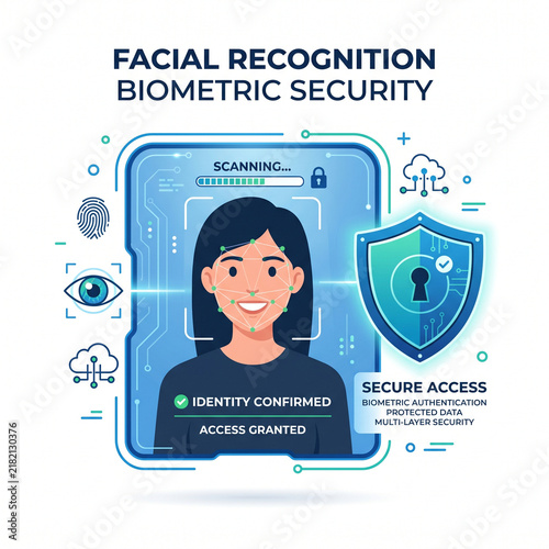Biometric facial recognition technology scanning female face for secure access authorization and digital data protection