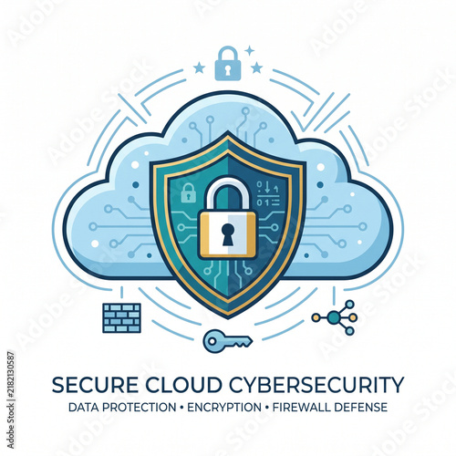 Secure Cloud Cybersecurity Concept Illustration for Data Protection, Encryption and Firewall Defense Network Safety