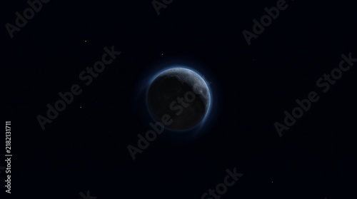 Crescent Moon glowing Softly against Pitch Black Deep Space Background
