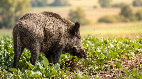 Wild Boar Foraging and Digging Soil in Agricultural Green Field Wildlife Nature Photo
