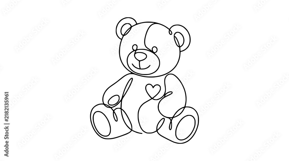 Fototapeta premium Continuous Line Drawing Teddy Bear with Heart, Isolated on Transparent Background