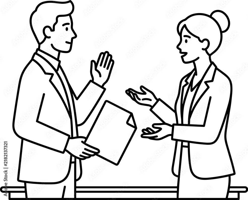 Fototapeta premium Business meeting between man and woman discussing document teamwork concept line art illustration