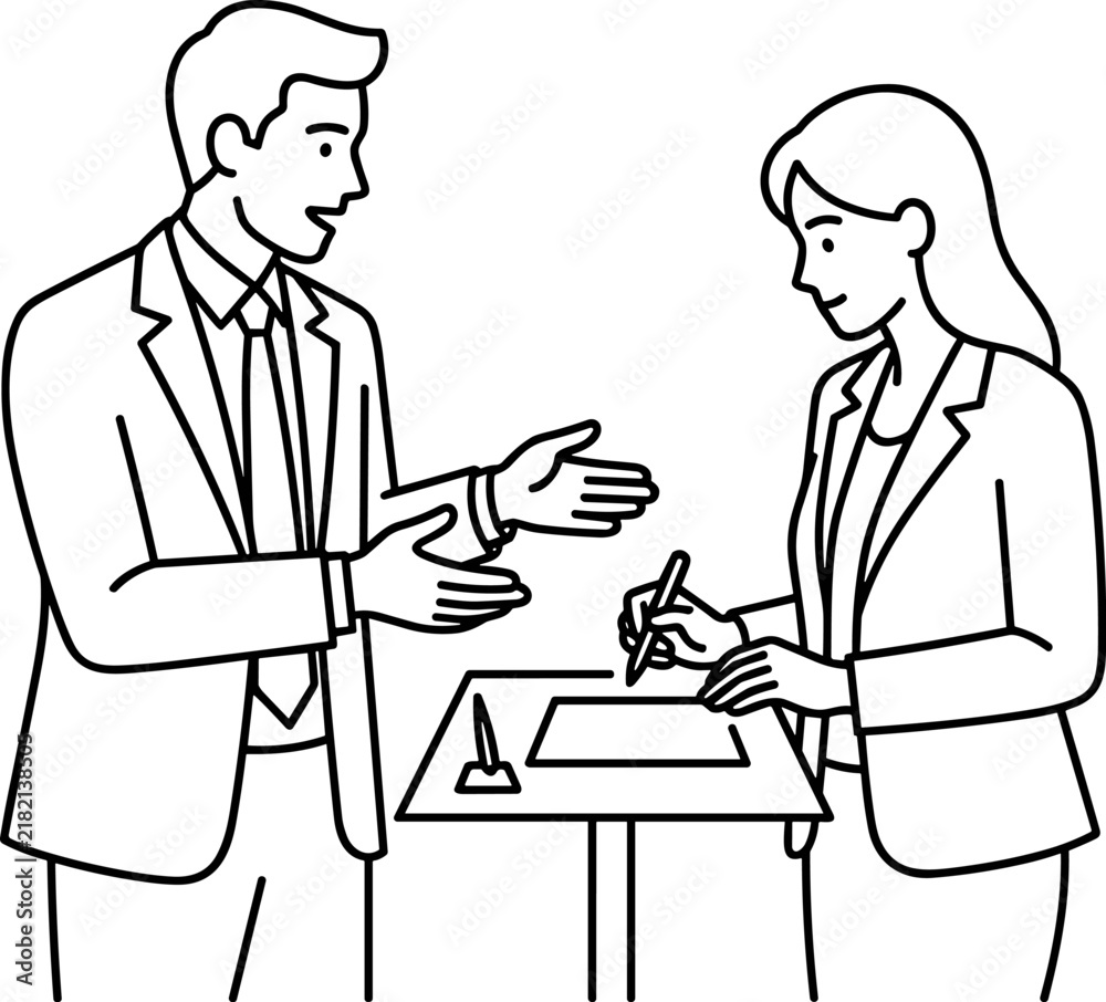 Obraz premium Business meeting man explains woman signs contract on table