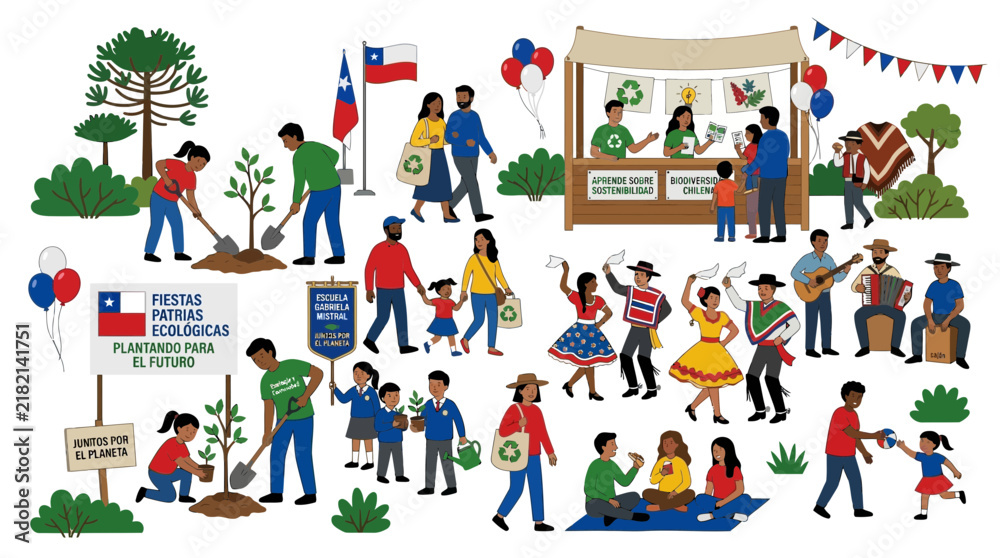 Fototapeta premium Chilean Eco Festival: People Planting Trees, Celebrating Culture, and Recycling