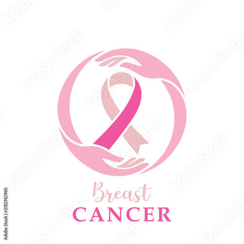 Breast cancer awareness badge with hands forming a circle around a ribbon