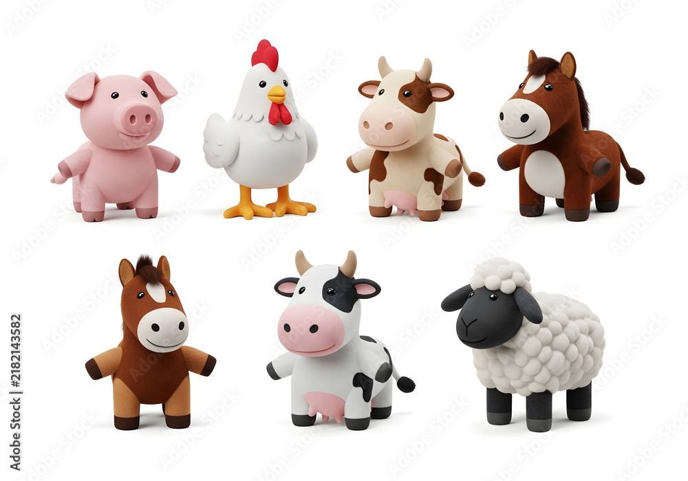 Fototapeta premium Adorable collection of soft plush farm animals including pig, rooster, cow, horse, and sheep. Ideal for children's educational materials, nursery decor, marketing campaigns, and playful lifestyle