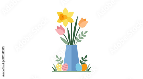 Spring Bouquet Daffodils Tulips in Vase with Easter Eggs, Flat Design
