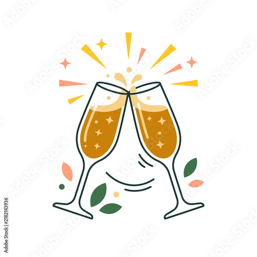 Celebration Toast: Two Champagne Glasses Clinking with Sparkles and Leaves