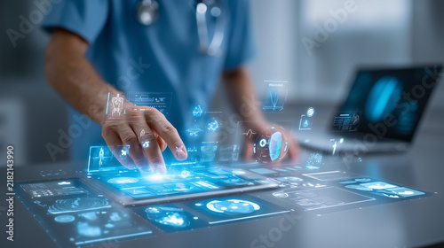 Medical professional using digital tablet with futuristic healthcare data interface overlay