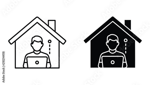 Foto Person working on laptop inside house icon set isolated on white vector illustra