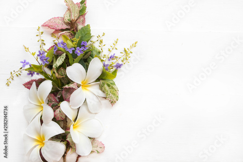 white flowers frangipani, purple flowers and leaf arrangement flat lay postcard style on background white 