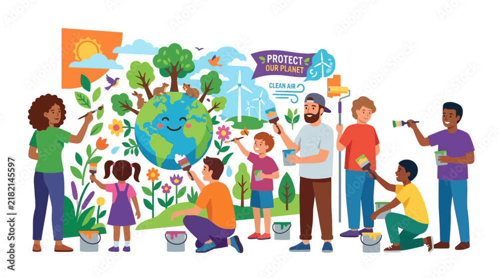 Fototapeta premium Diverse Community Paints Earth Mural, Promoting Environmental Protection and Sustainability