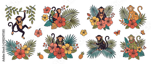 Photography Charming monkeys with tropical flowers and jungle leaves