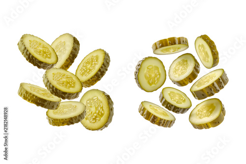 Fresh Sliced Pickles Floating in Air on Transparent Background