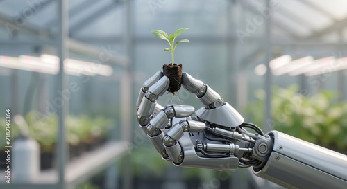 Robotic Hand Holding Green Seedling in Tech Greenhouse
