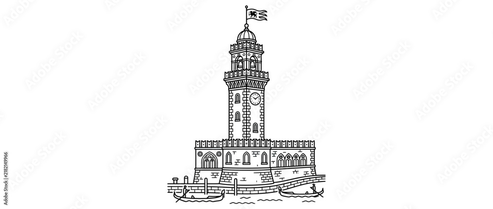Obraz premium Black and white line drawing of a historic lighthouse tower