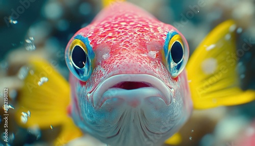 Extreme close-up portrait of a vibrant pink fish with striking yellow fins and eyes. Use to illustrate sea life, coral reefs, or the beauty of underwater animals.
