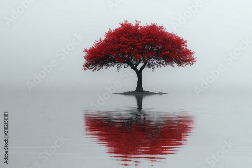 A lone red tree stands in water, creating a mirrored reflection on its surface. Evokes peace, meditation and oneness; suitable for wellness-themed content.