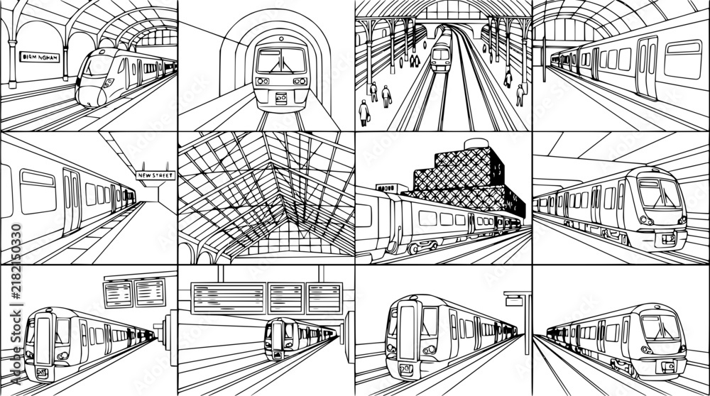 Fototapeta premium Train Station Collection: Multiple Views of Modern Trains and Platforms