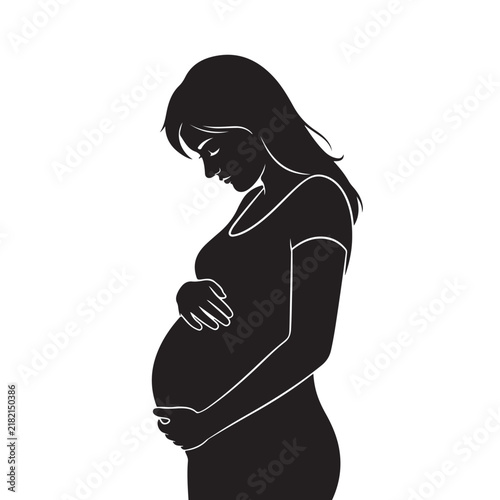 Black Silhouette of Pregnant Woman Standing and Looking Down Tenderly While Cradling Belly with Both Hands, Sweet Maternity Concept Vector Illustration for Pregnancy and Motherhood Design